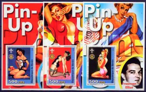 Benin 2003 PIN-UP ART ROTARY/SCOUTS 3 Souvenir Sheets MNH