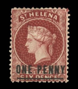 St. Helena #12 Cat$140, 1864 1p on 6p red brown, hinged