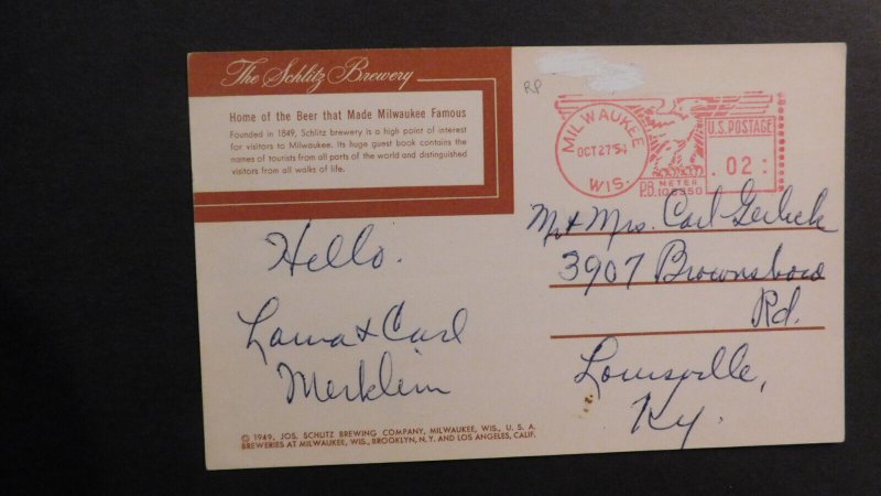 1954 USA Postcard Cover Milwaukee WI to Louisville KY Schlitz Beer Advertisement