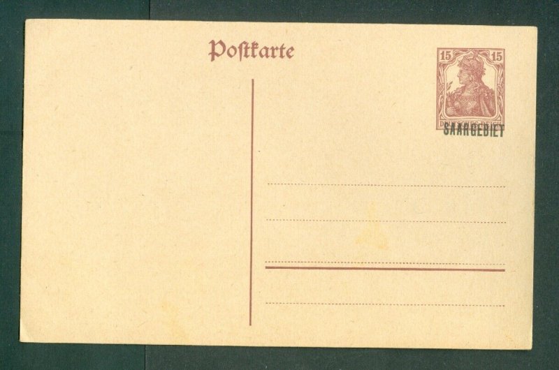 Germany. Saar 1922 Stationery 15 Pf. Germania  Overprint Saargebiet. Unused