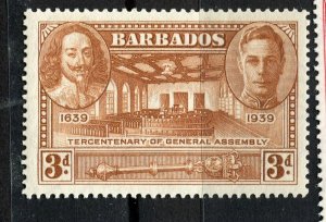 BARBADOS; 1939 early GVI Tercentenary issue Mint hinged 3d. value