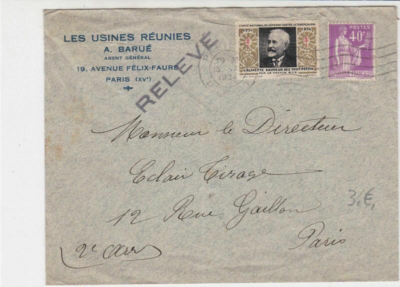 France 1934 Paris Cancel Stamps Cover + Anti Tuberculosis Stamp Ref 29797