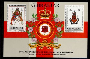 GIBRALTAR QEII SG MS612, 1989 50th anniv of regiment mini sheet, NH MINT.