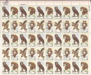 US Stamp 1978 15c Wildlife Conservation - Owls - 50 Stamp Sheet #1760-3