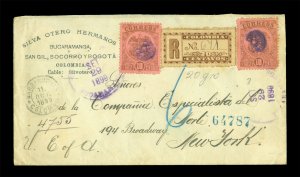 COLOMBIA 1899 Registered cover from Bucaramanga to NY 10c x2 + 10c Regist. stamp