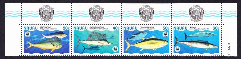 Nauru WWF Giant Fishes Top Strip of 4v with Coat of Arms SG#458/61 SC#443 a-d