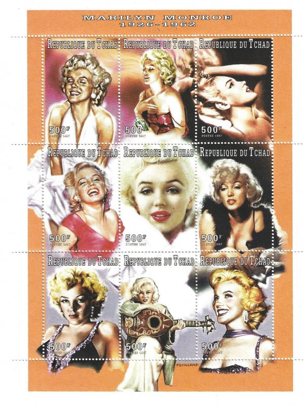 Chad Sc #704j  500Fr Marilyn Monroe sheet of 9 NH VF