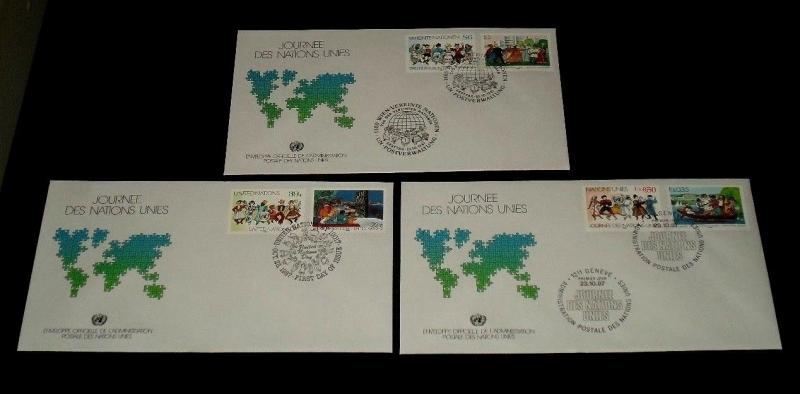 U.N. 1987, UNITED NATIONS DAY, SET/2 SINGLES ON FDCs, 3 OFFICES,NICE! LQQK!