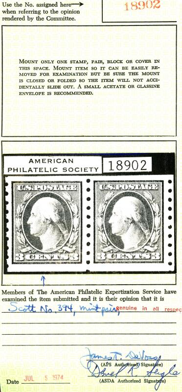 U.S. #394 MINT OG NH APS Cert