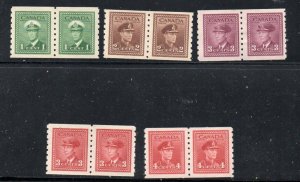 Canada Sc 263-267 1942 George VI WW II coil pairs stamp set mint NH