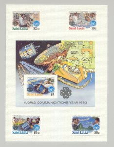 St Lucia #607-611 World Communications Year 4v & 1v S/S Imperf Proofs on 1v Card