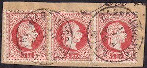 Austria - 1876 - Scott #36 - strip of 3 used on piece - HABSBURGGASSE WIEN pmk