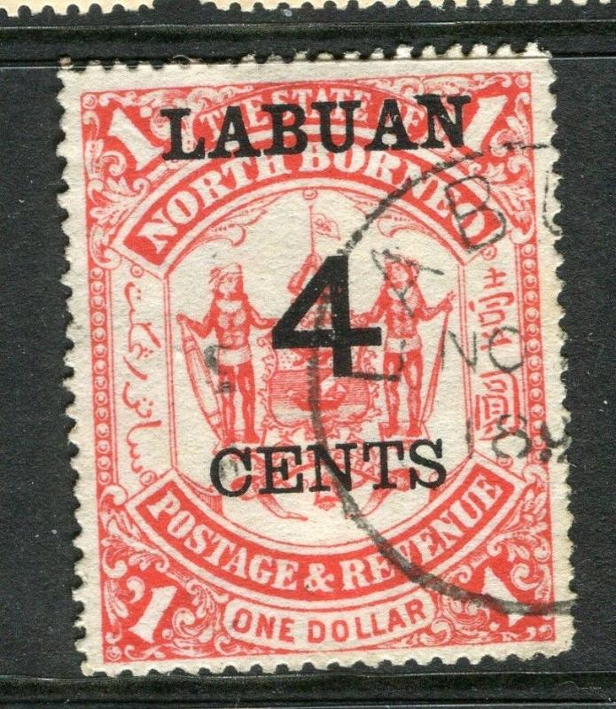 LABUAN; 1895 early surcharged $1 value used 4c. value