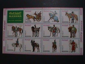 MANAMA-MILITARY UNIFORMS ON HORSE SOLIDERS  MNH FULL SHEET VERY FINE EST. $12