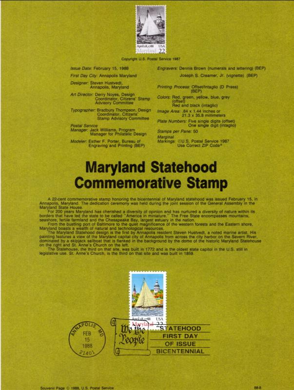 US SP806 Maryland Statehood 2342 Souvenir Page FDC