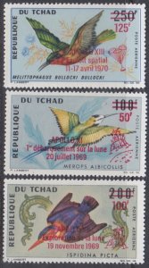 CHAD Sc #C67-9 CPL MNH SET of 3 DIFF - BIRD STAMPS OVERPRINTED APOLLO SPACE