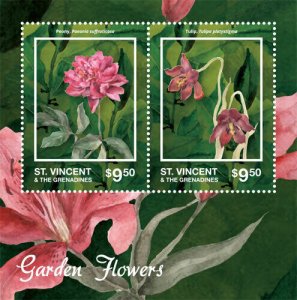 St. Vincent 2014 - Garden Flowers, Peony, Tulip, Flora - Sheet of 2 Stamps - MNH