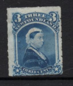 Newfoundland Sc 39 1877 3c blue Victoria stamp rouletted mint