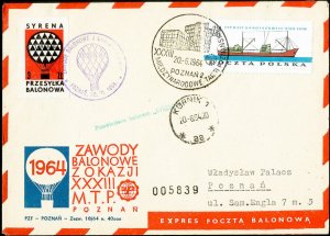 Poland Stamps 1964 Cachet Balloon Cover with registry number.