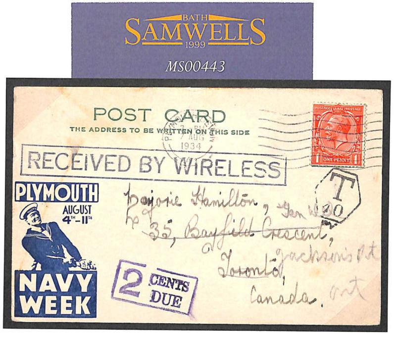 GB Devon NAVY WEEK Card *RECEIVED BY WIRELESS* Underpaid Canada RADIO 1934 MS443