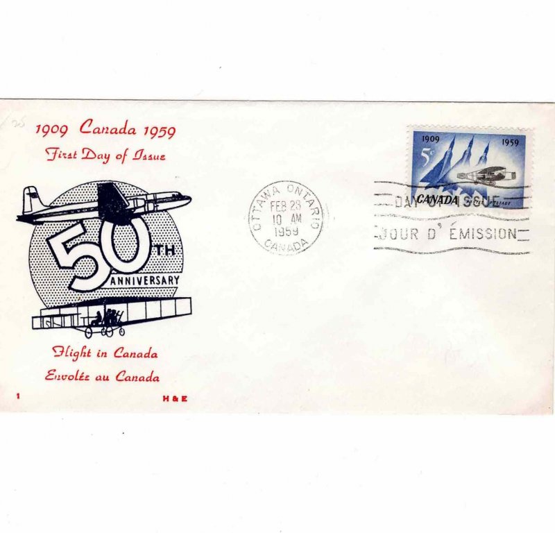 Canada 1959 FDC Sc 383 50th Anniversary of Flight H&E Cachet First Day Cover