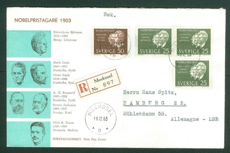 Sweden. FDC Cachet Reg. 1963. Nobel Prize 1903. Engr: Wallhorn. Adr: Germany 