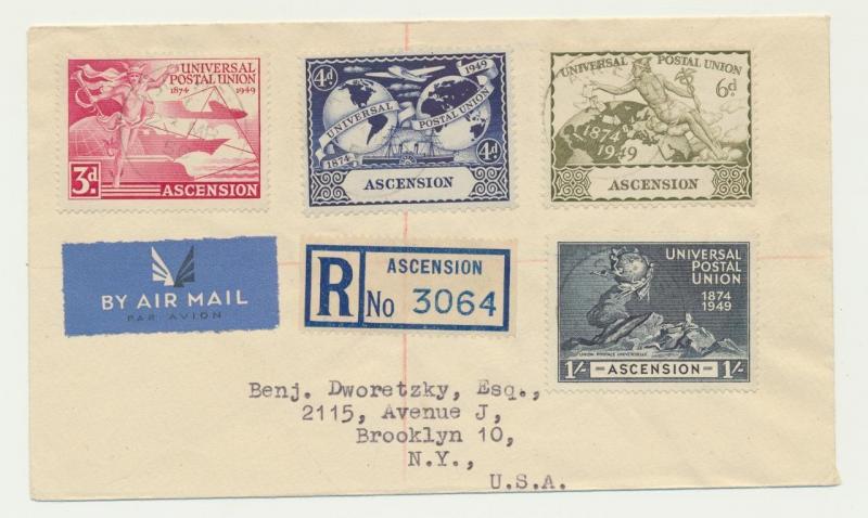 ASCENSION 1949 UPU SET ON 1950 REG.COVER TO USA (SEE BELOW)