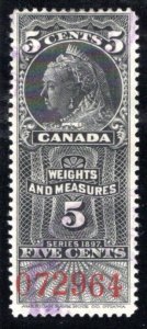 van Dam FWM34, 5c Black, used, 1897 Victoria, red control #, Canada Weights