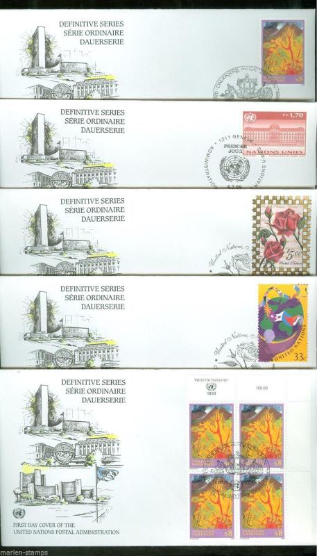 UNITED NATIONS 1998 DEFINITIVES INCLUDING $5  BLOCK  LOT OF 9  FIRST DAY COVERS 