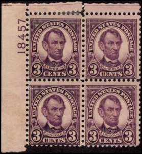 US #635 LINCOLN MH UL PLATE BLOCK #18457 DURLAND $16.00 PERF SEPERATION