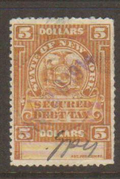 New York State $5 Secured Debit Tax Stamp Used 1914