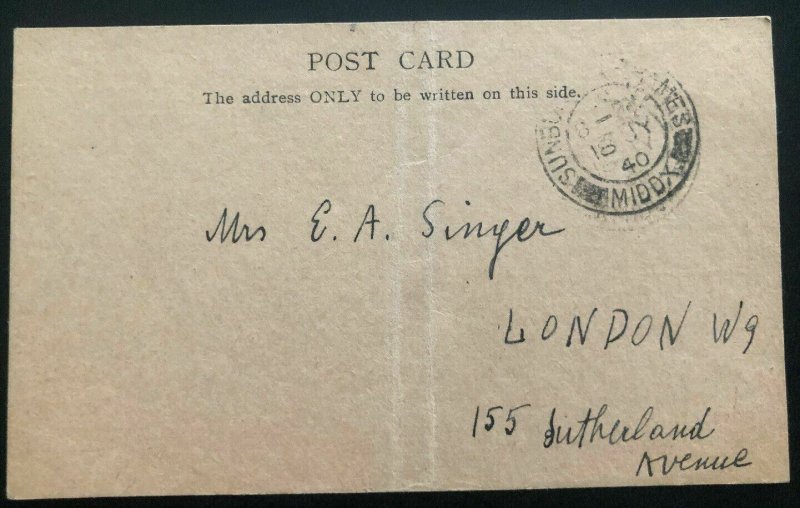 1940 England Sunbury Kempton Park Internment Camp Postcard Cover To London