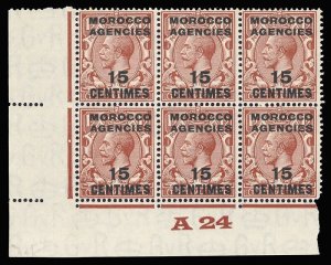 Morocco Agencies 1925 KGV 15c on 1½d Control A24 Plate 4 block MNH. SG 204.