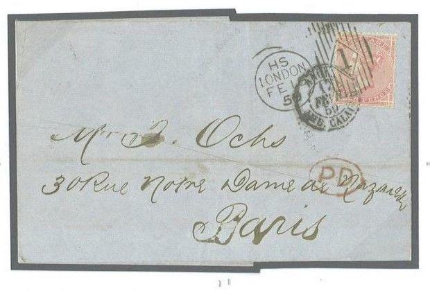 GB QV POSTMARKS *Charles Rideout* TRIAL MACHINE 4d Cover 1859 France SG.66 296b