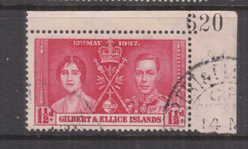 GILBERT & ELLICE ISLANDS, 1937 Coronation, 1 1/2d. Carmine, Sheet # 620, used.