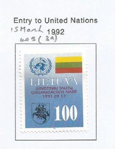 LITHUANIA - 1992 - Admission to UNO -  Perf Single Stamp - M L H