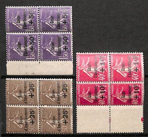 France 1930, Overprints 3v, blocks of 4 [ ], MNH