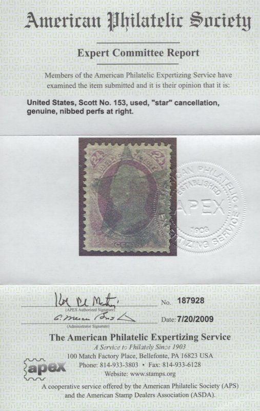 #153. Lovely star cancellation. w/Certificate  CV: $210