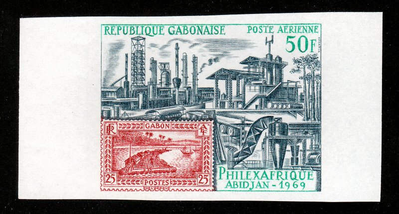 GABON 1969 SCOTT #C82V ABIDJAN PHILEXAFRIQUE 50F IMPERF STAMP-ON-STAMP MNH