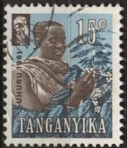 Tanganyika 47 (used) 15c coffee picker, sepia & blue (1961)