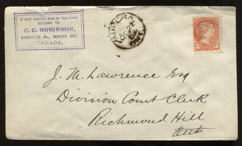 Canada 3 Cent Small Queen on cacheted 1889 Aurora ON cover to Richmond Hill