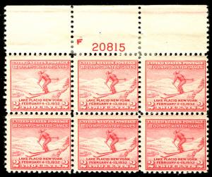 US #716 2c Olympic Ski, TOP PLATE BLOCK, F/VF mint hinged, nice TOP!