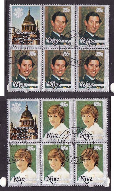 Niue-Sc#340,341- id5-used blocks of 5 + label-Princess Diana-Prince Charles-Roya