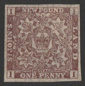 NEWFOUNDLAND 1862 Crown & Flowers 1d chocolate-brown. SG 16 cat £350.