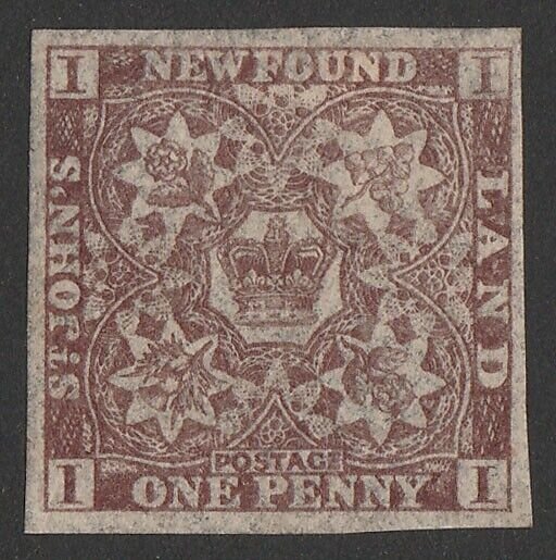 NEWFOUNDLAND 1862 Crown & Flowers 1d chocolate-brown. SG 16 cat £350.