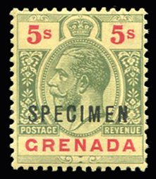 Grenada #87S (SG 100as) Cat£50, 1913 5sh yellow and red, overprinted Specime...