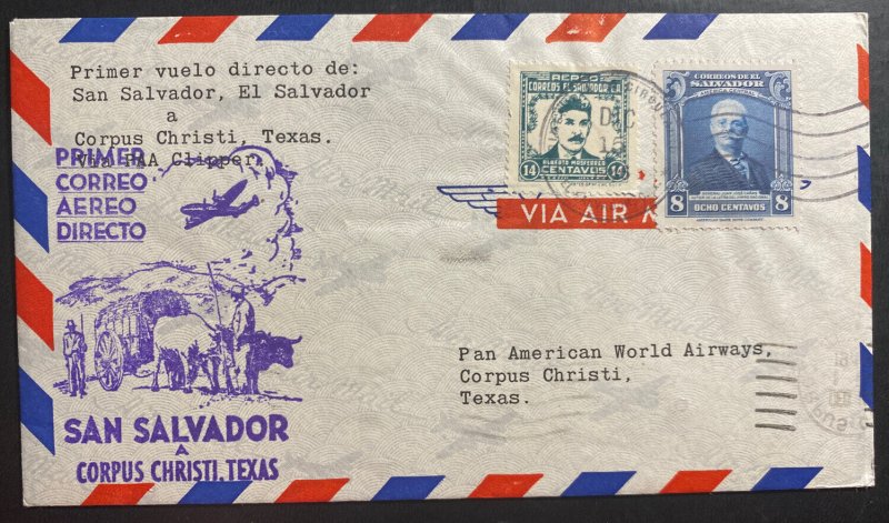1946 San Salvador Salvador First Flight Airmail cover FFC to Corpus Christi USA