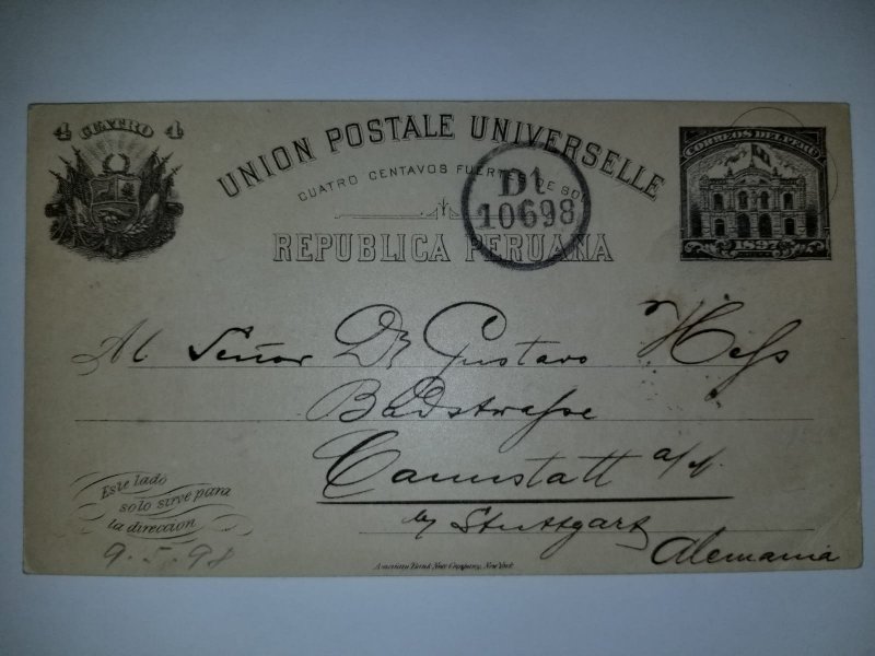 V. eb J) 1898 PERU, POST AND TELEGRAPH BUILDING LIMA, POSTAL STATIONARY, POSTCA