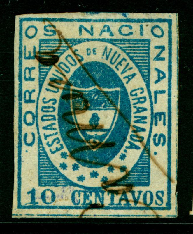 COLOMBIA 1861 ARMS of New GRANADA 10c sky blue Sc# 16 used CAMESA cancel- RARE 