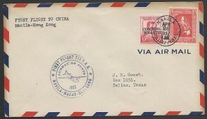 PHILIPPINES 1937 first flight cover to Hong Kong, onwards to USA..........11783